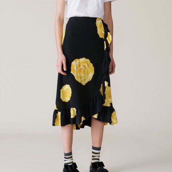 Ganni Black and Yellow Floral Midi Skirt - Picture 2 of 11